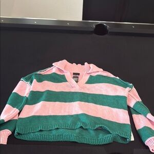 Oversized Lumiere Pink and Green Striped V-Neck Sweater